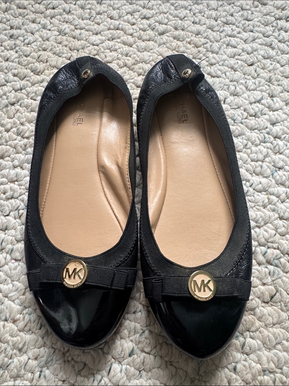 MICHAEL Michael Kors Black Leather & Patent MK Logo Ballet Flats